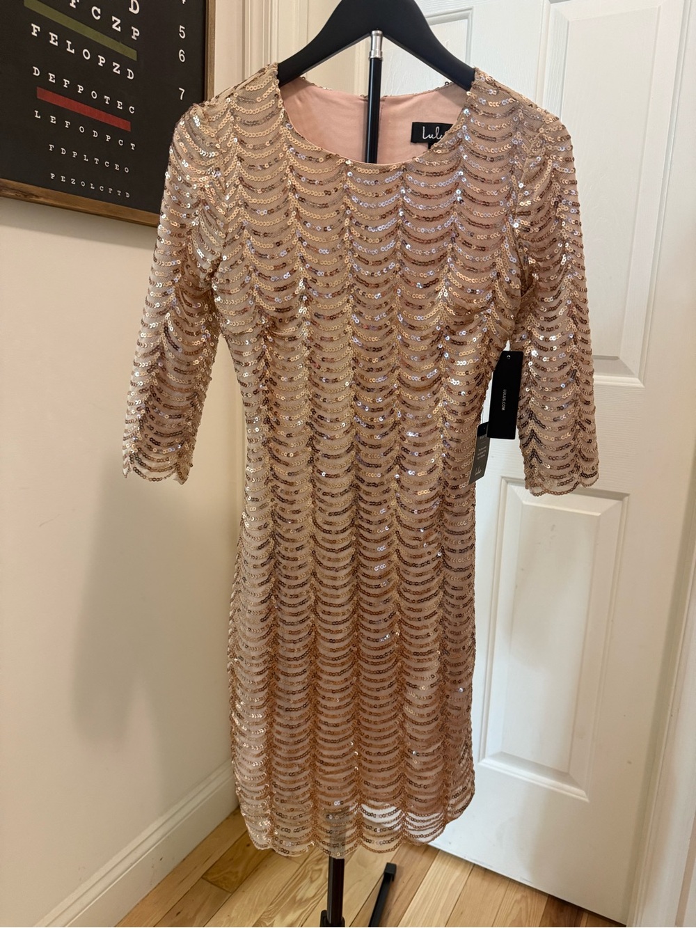 Lulu's Rose Gold Sequin Midi Dress with Scallop Pattern